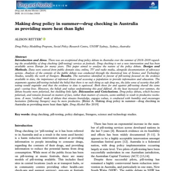 Making drug policy in summer — drug checking in Australia as providing more heat than light