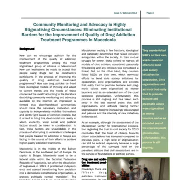 Community monitoring and advocacy in highly stigmatising circumstances: Eliminating institutional barriers for the improvement of quality of drug addiction treatment programmes in Macedonia