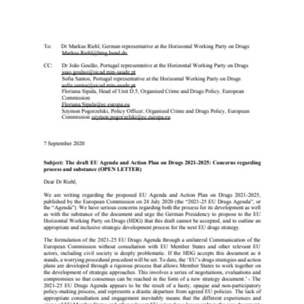 Les experts en matière de politiques des drogues font part de leurs préoccupations concernant le projet d'agenda et de plan d'action contre les stupéfiants de l'UE 2021-2025 - Lettre ouverte