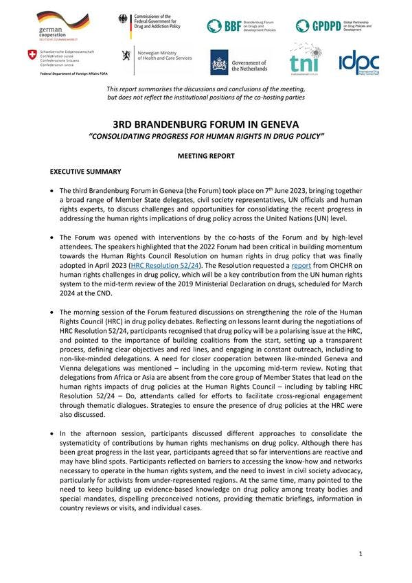 3ème Forum de Brandebourg (BBF) à Genève : Consolider les progrès en matière de droits humains dans la politique de drogues