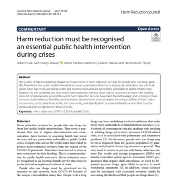 Harm reduction must be recognised an essential public health intervention during crises