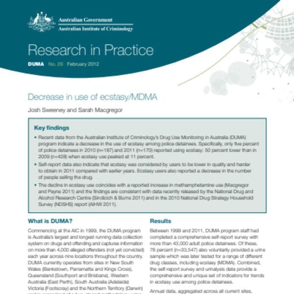 Decrease in use of ecstasy/MDMA in Australia