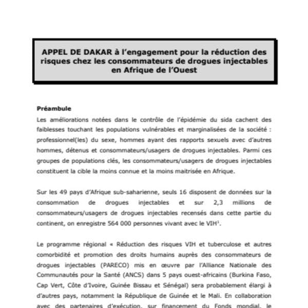 Appel de Dakar à l’engagement pour la réduction des risques chez les consommateurs de drogues injectables en Afrique de l’Ouest