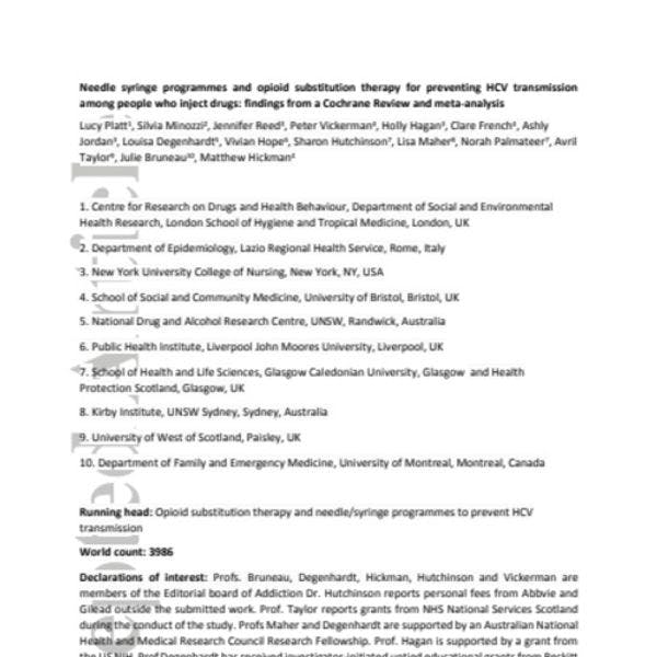 Needle syringe programmes and opiod substitution therary for preventing HCV transmission among people who inject drugs: findings from Cochrane Review and meta-analysis