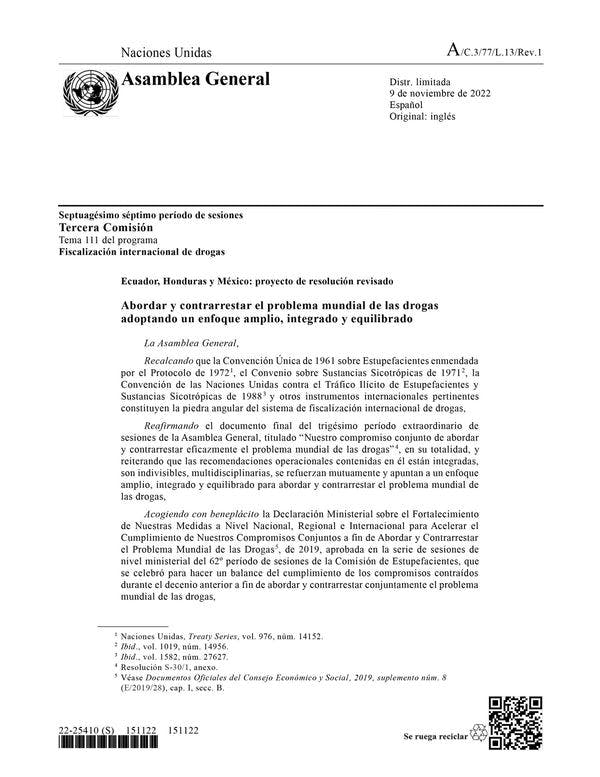 Abordar y contrarrestar el problema mundial de las drogas adoptando un enfoque amplio, integrado y equilibrado - Resolución "omnibus" del Tercer Comité de la Asamblea General de la ONU