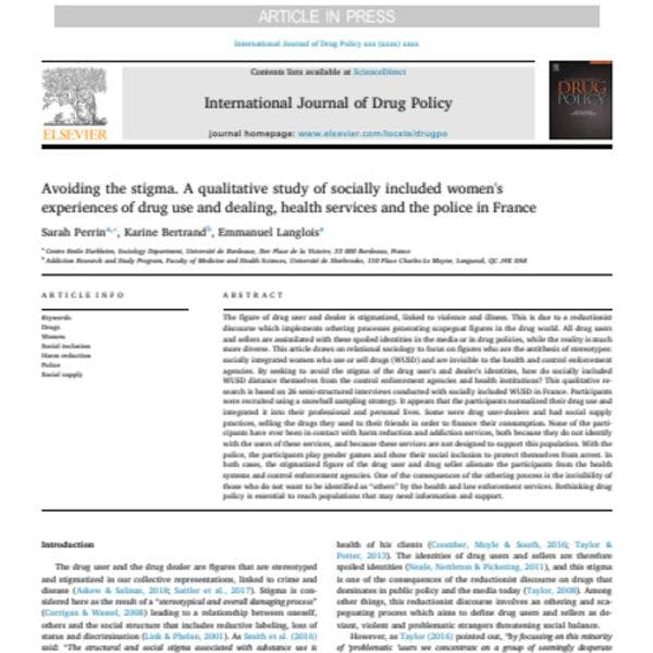 Éviter la stigmatisation. Une étude qualitative de l’expérience de femmes consommatrices et vendeuses de drogues socialement intégrées socialement à l'égard des services de soins et à la police en France