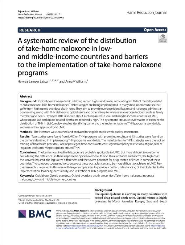 Revue systématique de la distribution de naloxone à emporter dans les pays à revenu faible ou intermédiaire et des obstacles à la mise en œuvre des programmes de naloxone à emporter