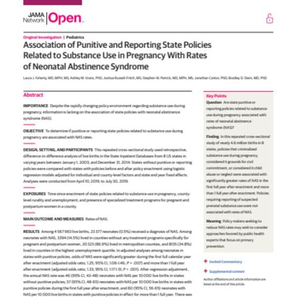 Association of punitive and reporting state policies related to substance use in pregnancy with rates of neonatal abstinence syndrome