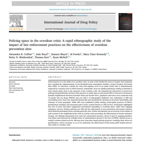 La policía y la crisis de las sobredosis: Un estudio etnográfico rápido sobre los efectos de las prácticas de las fuerzas del orden en la eficacia de los espacios de prevención de sobredosis