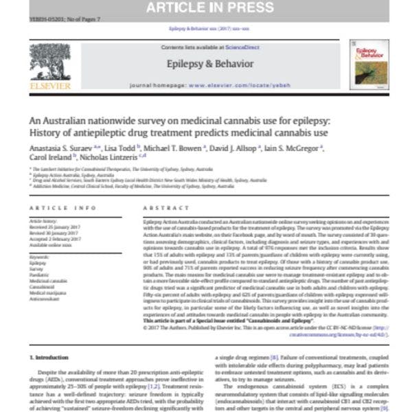 An Australian nationwide survey on medicinal cannabis use for epilepsy: History of antiepileptic drug treatment predicts medicinal cannabis use