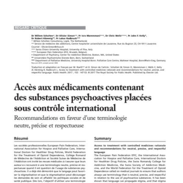 Accès aux médicaments contenant des substances psychoactives placées sous contrôle international. Recommandations en faveur d’une terminologie neutre, précise et respectueuse