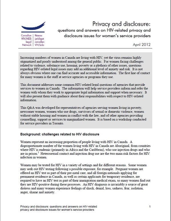 Privacy and disclosure: questions and answers on HIV-related privacy and disclosure issues for women’s service providers