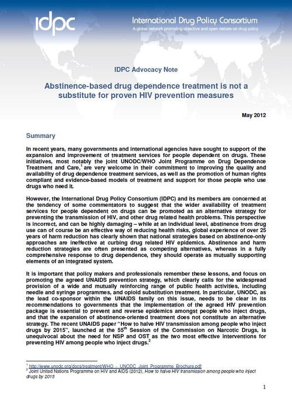 Nota para la incidencia política del IDPC – El tratamiento de la dependencia de drogas basado en la abstinencia no es un sustituto de las medidas de prevención del VIH de eficacia demostrada