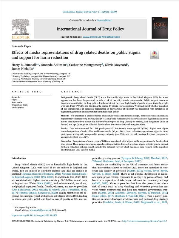 Effects of media representations of drug related deaths on public stigma and support for harm reduction