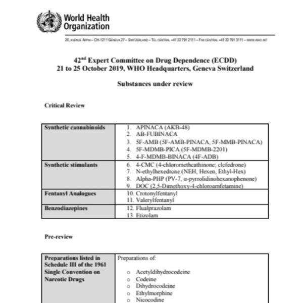 42ª reunión del Comité de Expertos de la OMS en Farmacodependencia.