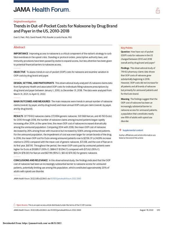 Tendencias en costos no cubiertos para naloxona en los EE.UU., según marca de drogas y quién paga, 2010-2018