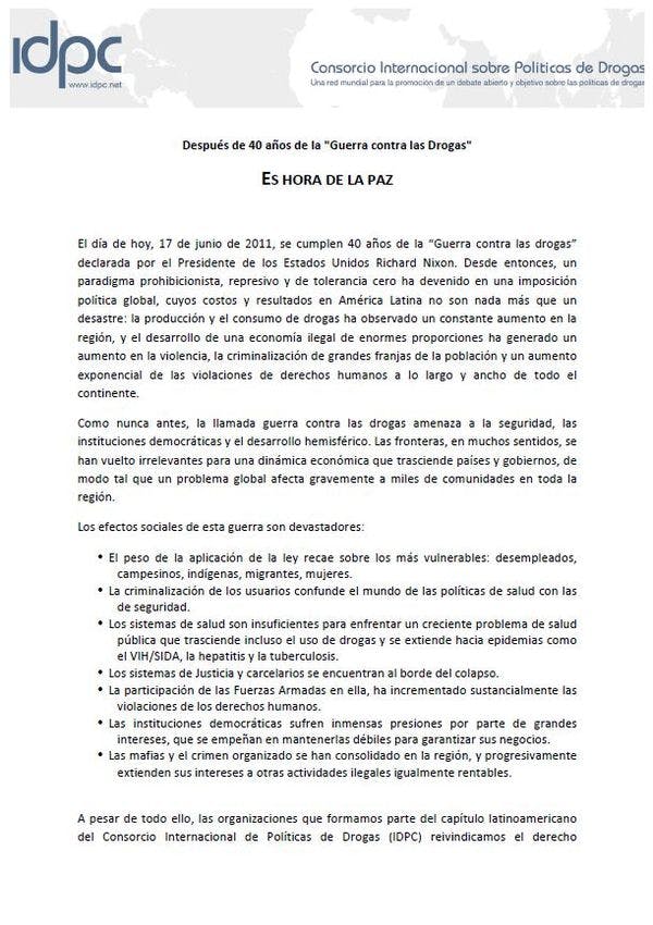 Declaración del IDPC - Después de 40 años de la "Guerra contra las Drogas": Es hora de la paz