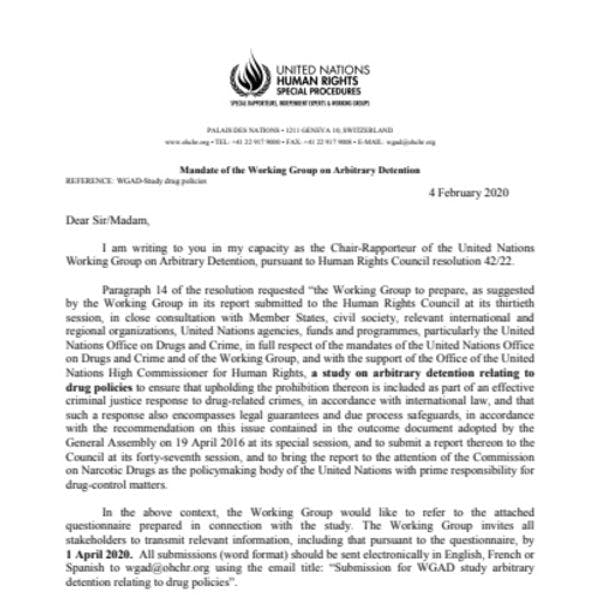 Detención arbitraria y políticas de drogas - Llamado a contribuciones del Grupo de Trabajo sobre la Detención Arbitraria de la ONU