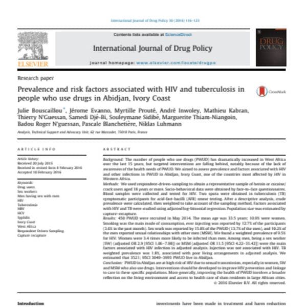 Prevalence and risk factors associated with HIV and tuberculosis in people who use drugs in Abidjan, Ivory Coast