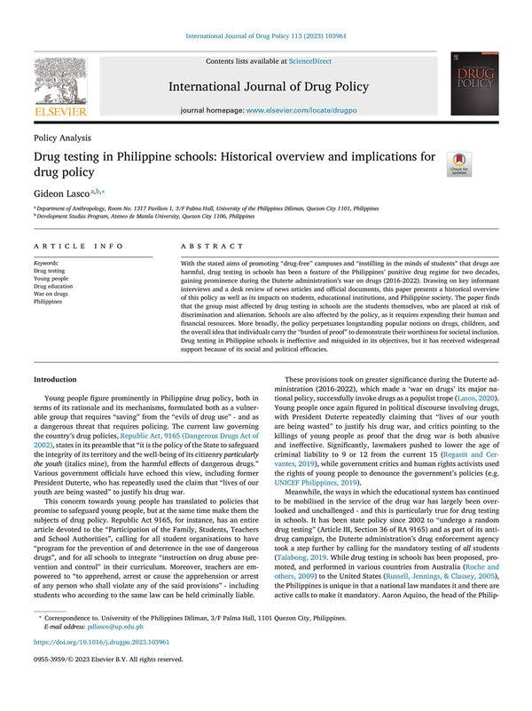 Drug testing in Philippine schools: Historical overview and implications for drug policy