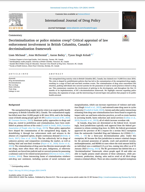 Decriminalisation or police mission creep? Critical appraisal of law enforcement involvement in British Columbia, Canada’s decriminalisation framework