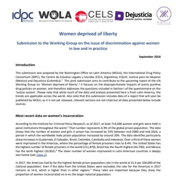 Mujeres privadas de libertad: Contribución conjunta al Grupo de Trabajo de la OACDH sobre la discriminación contra las mujeres