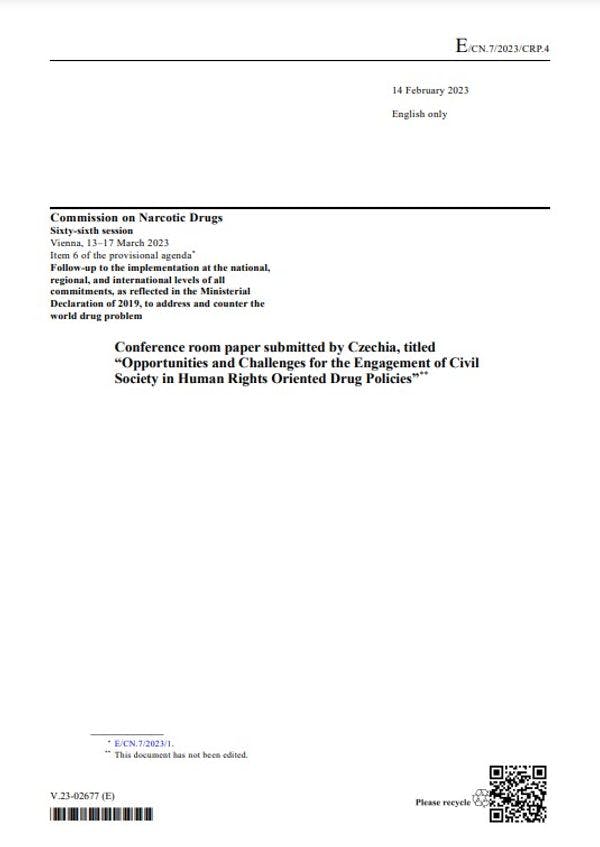 'Opportunities and challenges for the engagement of civil society in human rights oriented drug policies' - Czechia CND conference room paper 