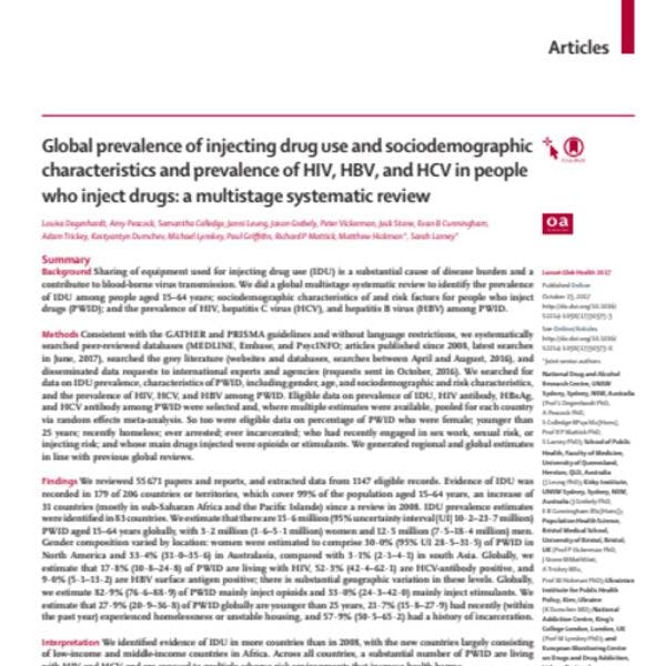 Prévalence mondiale de l’injection de drogues et caractéristiques sociodémographiques de la prévalence du VIH, du VHB et du VHC parmi les usagers de drogues injectables : un examen systématique à plusieurs niveaux 