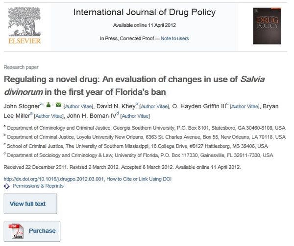 Regulating a novel drug: An evaluation of changes in use of Salvia divinorum in the first year of Florida's ban