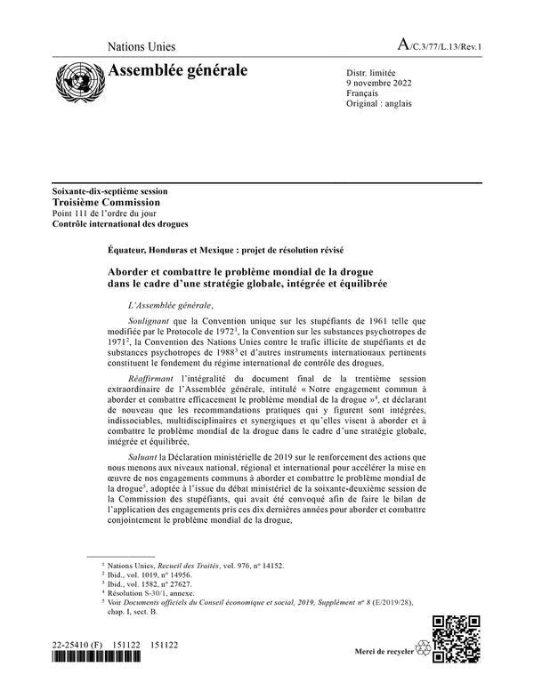 Aborder et combattre le problème mondial de la drogue dans le cadre d’une stratégie globale, intégrée et équilibrée - Résolution « omnibus » de la Troisième Commission de l'Assemblée générale