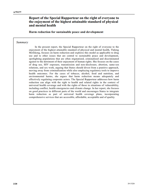 Reducción de daños para la paz y el desarrollo sostenibles - Informe de la Relatora Especial de la ONU sobre el derecho a la salud