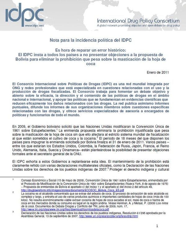 Nota para la incidencia política del IDPC - Es hora de reparar un error histórico: El IDPC insta a todos los países a no presentar objeciones a la propuesta de Bolivia para eliminar la prohibición que pesa sobre la masticación de la hoja de coca