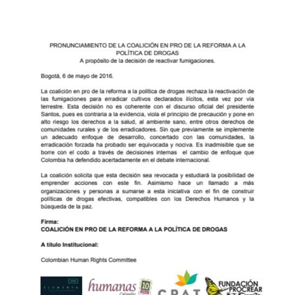 Colombia: Pronunciamiento de la coalicion en pro de la reforma a la politica de drogas