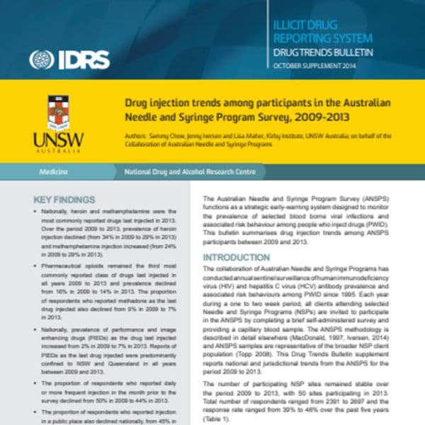 Drug injection trends among participants in the Australian  Needle and Syringe Program Survey, 2009-2013 