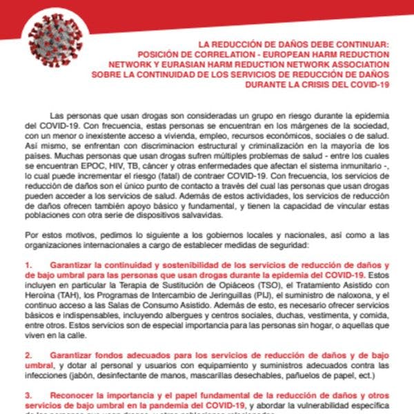 La reducción de daños debe continuar: Posición de Correlation - European harm reduction network y Eurasian harm reduction network association sobre la continuidad de los servicios de reducción de daños durante la crisis del covid-19