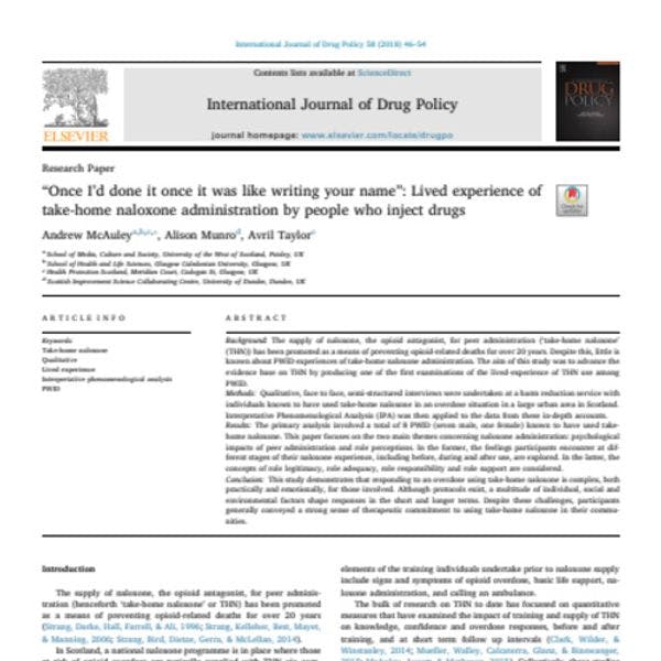 “Once I’d done it once it was like writing your name”: Lived experience of take-home naloxone administration by people who inject drugs