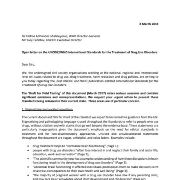 Llamamiento para que la OMS y la UNODC revisen las directrices relativas a las Normas internacionales para el tratamiento de trastornos relacionados con el consumo de drogas