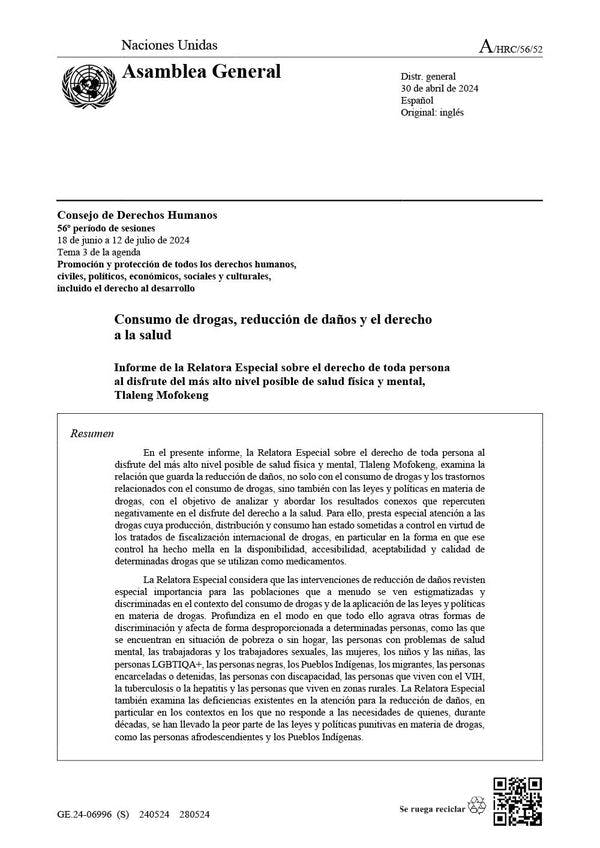 Consumo de drogas, reducción de daños y el derecho a la salud - Informe de la Relatora Especial de la ONU sobre el derecho a la salud