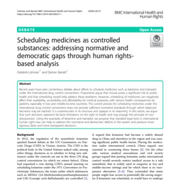 Inclusión de medicamentos en las listas de sustancias controladas: Abordando brechas normativas y democráticas mediante el análisis centrado en los derechos humanos 