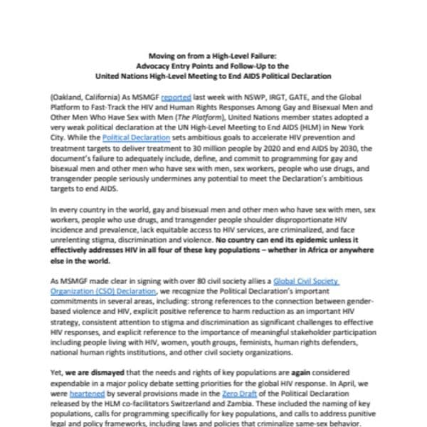 Moving on from a High‐Level Failure: Advocacy Entry Points and Follow‐Up to the United Nations High‐Level Meeting to End AIDS Political Declaration