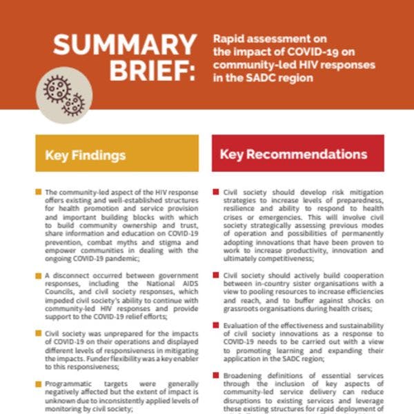 Evaluación rápida del impacto de COVID-19 sobre las respuestas al VIH lideradas por la comunidad en la región SADC