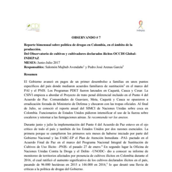 Reporte bimensual sobre política de drogas en Colombia, en el ámbito de la producción