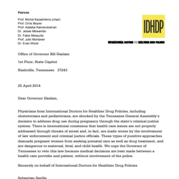 International Doctors for Healthier Drug Policies writes to Governor Bill Haslam of Tennessee